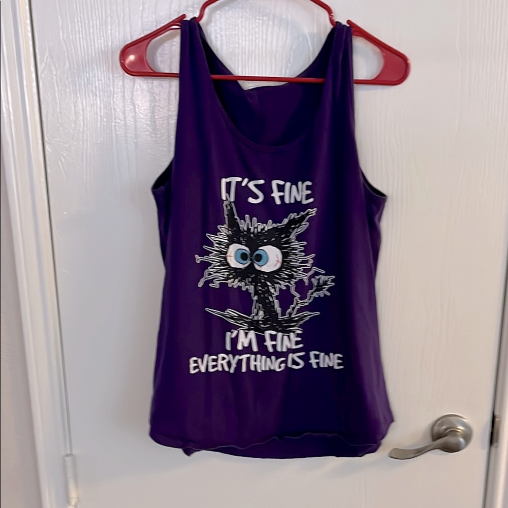 Purple “Everything is Fine” cat tank. Sz L